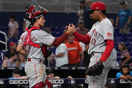 Aug 2, 2022; Miami, Florida, USA; Cincinnati Reds Alexis Diaz (43) celebrates with catcher Mark Kolozsvary (47) after defeating the Miami Marlins at loanDepot park. Mandatory Credit: Jasen Vinlove-USA TODAY Sports