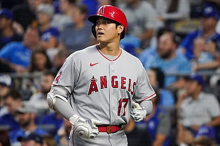 Jul 26, 2022; Kansas City, Missouri, USA; Los Angeles Angels designated hitter Shohei Ohtani (17) returns to the dugout after making an out against the Kansas City Royals during the game at Kauffman Stadium. Mandatory Credit: Denny Medley-USA TODAY Sports