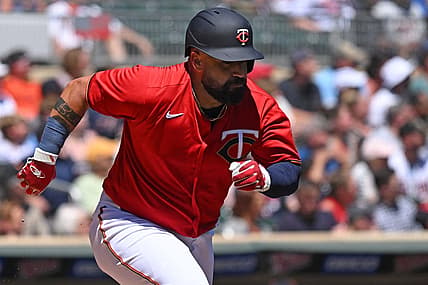 Aug 3, 2022; Minneapolis, Minnesota, USA; Minnesota Twins catcher Sandy Leon (39) heads to first on his two-run RBI double against the Detroit Tigers during the second inning at Target Field. Mandatory Credit: Nick Wosika-USA TODAY Sports