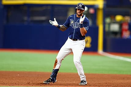 Aug 3, 2022; St. Petersburg, Florida, USA;  Tampa Bay Rays left fielder David Peralta (6) reacts after hitting an rbi single against the Toronto Blue Jays in the sixth inning at Tropicana Field. Mandatory Credit: Nathan Ray Seebeck-USA TODAY Sports