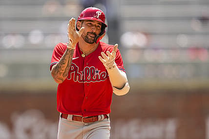 Aug 3, 2022; Cumberland, Georgia, USA; Philadelphia Phillies right fielder Nick Castellanos (8) reacts running the bases after hitting a two run home run against the Atlanta Braves during the eighth inning at Truist Park. Mandatory Credit: Dale Zanine-USA TODAY Sports