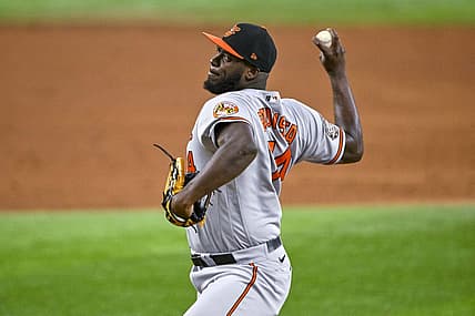 Aug 3, 2022; Arlington, Texas, USA; Baltimore Orioles relief pitcher Felix Bautista (74) pitches against the Texas Rangers during the ninth inning at Globe Life Field. Mandatory Credit: Jerome Miron-USA TODAY Sports