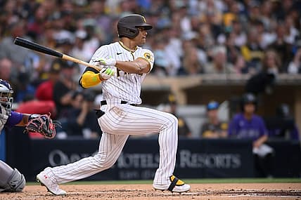 Aug 3, 2022; San Diego, California, USA; San Diego Padres right fielder Juan Soto (22) grounds out during the second inning against the Colorado Rockies at Petco Park. Mandatory Credit: Orlando Ramirez-USA TODAY Sports