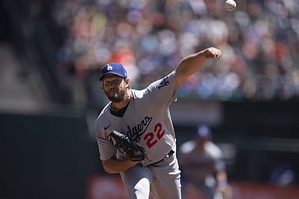 Aug 4, 2022; San Francisco, California, USA; Los Angeles Dodgers starting pitcher Clayon Kershaw (22) delivers a pitch against the San Francisco Giants during the first inning at Oracle Park. Mandatory Credit: D. Ross Cameron-USA TODAY Sports