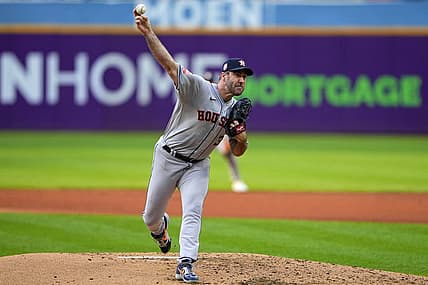 Aug 4, 2022; Cleveland, Ohio, USA; Houston Astros pitcher Justin Verlander (35) delivers a pitch against the Cleveland Guardians during the first inning at Progressive Field. Mandatory Credit: Gregory Fisher-USA TODAY Sports