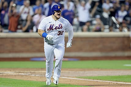 Aug 4, 2022; New York City, New York, USA; New York Mets designated hitter Daniel Vogelbach (32) reacts after hitting a solo home run against the Atlanta Braves during the third inning at Citi Field. Mandatory Credit: Brad Penner-USA TODAY Sports