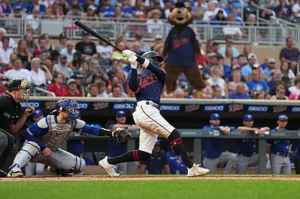 Aug 5, 2022; Minneapolis, Minnesota, USA; Minnesota Twins left fielder Nick Gordon (1) hits a three-run home run during the fourth inning against the Toronto Blue Jays at Target Field. Mandatory Credit: Jordan Johnson-USA TODAY Sports
