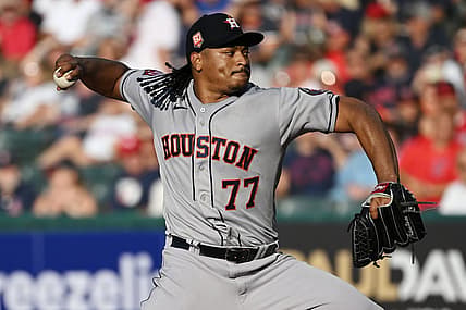 Aug 6, 2022; Cleveland, Ohio, USA; Houston Astros starting pitcher Luis Garcia (77) throws a pitch during the second inning against the Cleveland Guardians at Progressive Field. Mandatory Credit: Ken Blaze-USA TODAY Sports