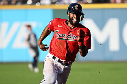 Aug 6, 2022; Cleveland, Ohio, USA; Cleveland Guardians shortstop Amed Rosario (1) advances to third on a single by Cleveland Guardians third baseman Jose Ramirez (not pictured) during the second inning against the Houston Astros at Progressive Field. Mandatory Credit: Ken Blaze-USA TODAY Sports
