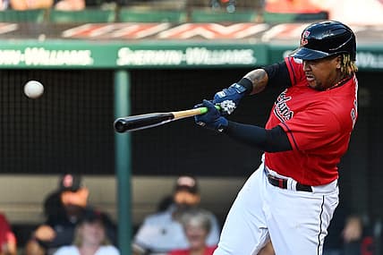 Aug 6, 2022; Cleveland, Ohio, USA; Cleveland Guardians third baseman Jose Ramirez (11) hits a single during the fourth inning against the Houston Astros at Progressive Field. Mandatory Credit: Ken Blaze-USA TODAY Sports