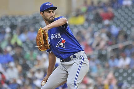 Aug 6, 2022; Minneapolis, Minnesota, USA; Toronto Blue Jays starting pitcher Mitch White (45) throws a pitch against the Minnesota Twins during the first inning at Target Field. Mandatory Credit: Jeffrey Becker-USA TODAY Sports