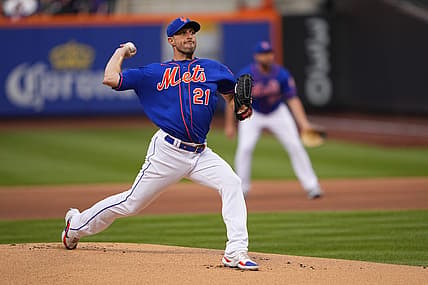 Aug 6, 2022; New York City, New York, USA; New York Mets pitcher Max Scherzer (21) delivers a pitch against the Atlanta Braves during the first inning at Citi Field. Mandatory Credit: Gregory Fisher-USA TODAY Sports