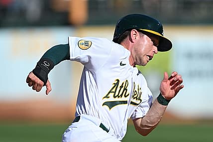 Aug 6, 2022; Oakland, California, USA; Oakland Athletics second baseman Nick Allen (2) rounds third base on an RBI double hit by catcher Sean Murphy (not pictured) against the San Francisco Giants during the third inning at RingCentral Coliseum. Mandatory Credit: Robert Edwards-USA TODAY Sports