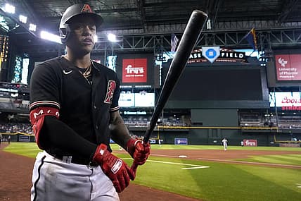 Aug 6, 2022; Phoenix, Arizona, USA; Arizona Diamondbacks second baseman Ketel Marte (4) looks on against the Colorado Rockies during the sixth inning at Chase Field. Mandatory Credit: Joe Camporeale-USA TODAY Sports