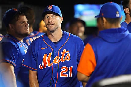 Aug 6, 2022; New York City, New York, USA;  New York Mets pitcher Max Scherzer (21) in the dugout during the seventh inning against the Atlanta Braves at Citi Field. Mandatory Credit: Gregory Fisher-USA TODAY Sports