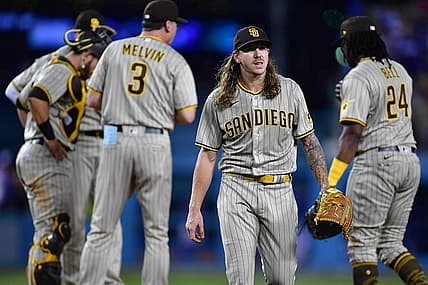 Aug 6, 2022; Los Angeles, California, USA; San Diego Padres starting pitcher Mike Clevinger (52) is relieved against the San Diego Padres during the fifth inning at Dodger Stadium. Mandatory Credit: Gary A. Vasquez-USA TODAY Sports