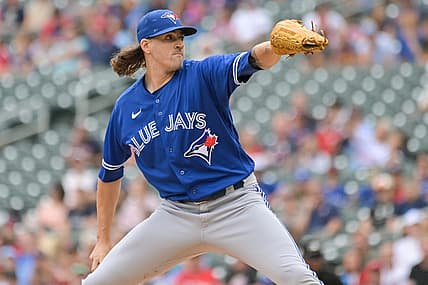 Aug 7, 2022; Minneapolis, Minnesota, USA; Toronto Blue Jays starting pitcher Kevin Gausman (34) throws a pitch against the Minnesota Twins during the first inning at Target Field. Mandatory Credit: Jeffrey Becker-USA TODAY Sports