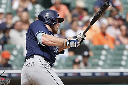 Aug 7, 2022; Detroit, Michigan, USA; Tampa Bay Rays left fielder Luke Raley (55) hits a single in the seventh inning against the Detroit Tigers at Comerica Park. Mandatory Credit: Rick Osentoski-USA TODAY Sports