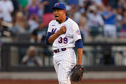 Aug 7, 2022; New York City, New York, USA; New York Mets relief pitcher Edwin Diaz (39) reacts after closing the game against the Atlanta Braves at Citi Field. Mandatory Credit: Vincent Carchietta-USA TODAY Sports