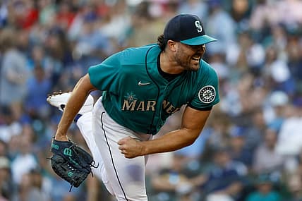 Aug 5, 2022; Seattle, Washington, USA; Seattle Mariners starting pitcher Robbie Ray (38) throws against the Los Angeles Angels during the first inning at T-Mobile Park. Mandatory Credit: Joe Nicholson-USA TODAY Sports