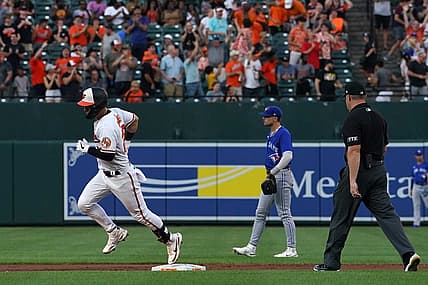 Aug 8, 2022; Baltimore, Maryland, USA; Baltimore Orioles second baseman Ramon Urias (29) rounds the bases after his three run home run in the first inning against the Toronto Blue Jays at Oriole Park at Camden Yards. Mandatory Credit: Mitch Stringer-USA TODAY Sports