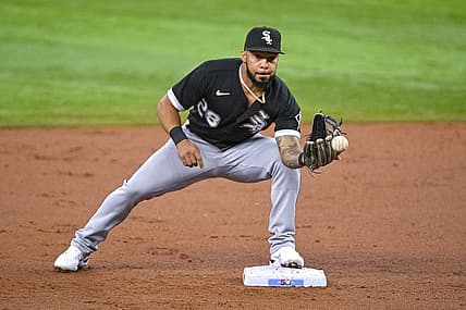 Aug 7, 2022; Arlington, Texas, USA; Chicago White Sox shortstop Leury Garcia (28) in action during the game between the Texas Rangers and the Chicago White Sox at Globe Life Field. Mandatory Credit: Jerome Miron-USA TODAY Sports