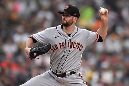 Aug 8, 2022; San Diego, California, USA; San Francisco Giants starting pitcher Alex Wood (57) throws a pitch against the San Diego Padres during the first inning at Petco Park. Mandatory Credit: Orlando Ramirez-USA TODAY Sports