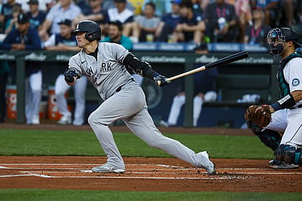 Aug 8, 2022; Seattle, Washington, USA; New York Yankees third baseman Josh Donaldson (28) hits a two-run single against the Seattle Mariners during the first inning at T-Mobile Park. Mandatory Credit: Joe Nicholson-USA TODAY Sports