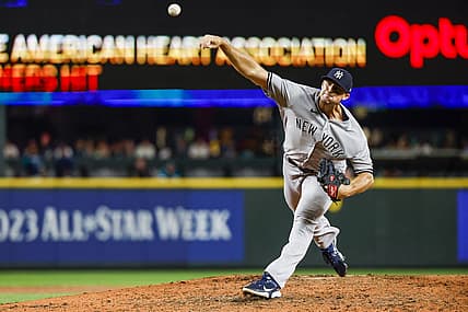 Aug 8, 2022; Seattle, Washington, USA; New York Yankees relief pitcher Clay Holmes (35) throws against the Seattle Mariners during the ninth inning at T-Mobile Park. Mandatory Credit: Joe Nicholson-USA TODAY Sports