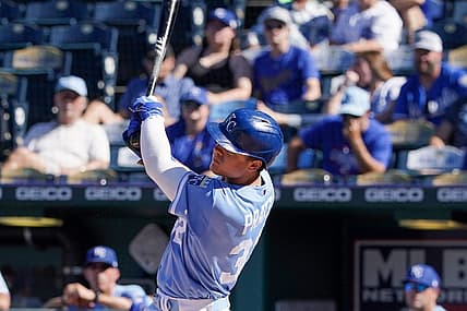 Aug 9, 2022; Kansas City, Missouri, USA; Kansas City Royals first baseman Nick Pratto (32) hits a two-run home run against the Chicago White Sox in the sixth inning at Kauffman Stadium. Mandatory Credit: Denny Medley-USA TODAY Sports