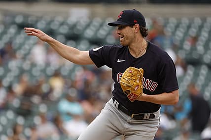 Aug 9, 2022; Detroit, Michigan, USA;  Cleveland Guardians starting pitcher Shane Bieber (57) pitches in the first inning against the Detroit Tigers at Comerica Park. Mandatory Credit: Rick Osentoski-USA TODAY Sports
