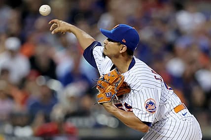 Aug 9, 2022; New York City, New York, USA; New York Mets starting pitcher Carlos Carrasco (59) pitches against the Cincinnati Reds during the first inning at Citi Field. Mandatory Credit: Brad Penner-USA TODAY Sports