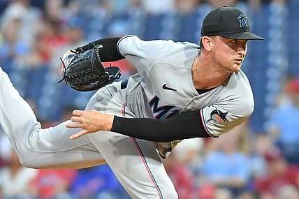 Aug 9, 2022; Philadelphia, Pennsylvania, USA; Miami Marlins starting pitcher Braxton Garrett (60) throws a pitch against the Philadelphia Phillies during the first inning at Citizens Bank Park. Mandatory Credit: Eric Hartline-USA TODAY Sports
