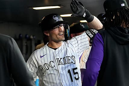 Aug 9, 2022; Denver, Colorado, USA; Colorado Rockies right fielder Randal Grichuk (15) celebrates his three run home run the third inning against the St. Louis Cardinals at Coors Field. Mandatory Credit: Ron Chenoy-USA TODAY Sports