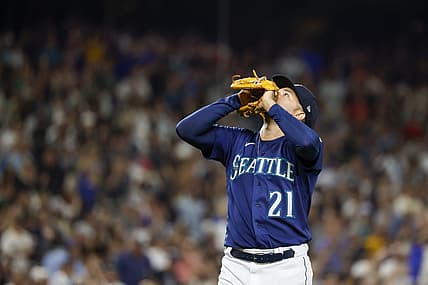 Aug 9, 2022; Seattle, Washington, USA; Seattle Mariners starting pitcher Luis Castillo (21) reacts following the final out of the top of the eighth inning against the New York Yankees at T-Mobile Park. Mandatory Credit: Joe Nicholson-USA TODAY Sports