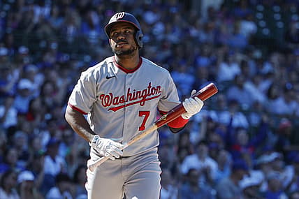 Aug 10, 2022; Chicago, Illinois, USA; Washington Nationals third baseman Maikel Franco (7) reacts after striking out against the Chicago Cubs during the eight inning at Wrigley Field. Mandatory Credit: Kamil Krzaczynski-USA TODAY Sports