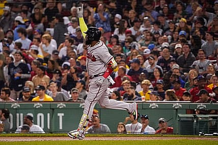 Aug 10, 2022; Boston, Massachusetts, USA; Atlanta Braves designated hitter Marcell Ozuna (20) hits a three run home run against the Boston Red Sox in the fourth inning at Fenway Park. Mandatory Credit: David Butler II-USA TODAY Sports