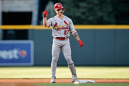 Aug 10, 2022; Denver, Colorado, USA; St. Louis Cardinals left fielder Tyler O'Neill (27) reacts after hitting an RBI double in the first inning against the Colorado Rockies at Coors Field. Mandatory Credit: Isaiah J. Downing-USA TODAY Sports
