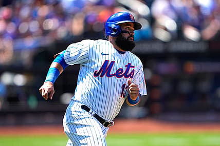 Aug 6, 2022; New York City, New York, USA; New York Mets second baseman Luis Guillorme (13) runs out a single against the Atlanta Braves during the second inning at Citi Field. Mandatory Credit: Gregory Fisher-USA TODAY Sports