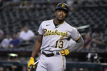 Aug 11, 2022; Phoenix, Arizona, USA; Pittsburgh Pirates third baseman Ke'Bryan Hayes (13) reacts after striking out against the Arizona Diamondbacks in the first inning at Chase Field. Mandatory Credit: Rick Scuteri-USA TODAY Sports