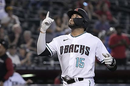Aug 11, 2022; Phoenix, Arizona, USA; Arizona Diamondbacks third baseman Emmanuel Rivera (15) celebrates after hitting a solo home run against the Pittsburgh Pirates in the fourth inning at Chase Field. Mandatory Credit: Rick Scuteri-USA TODAY Sports