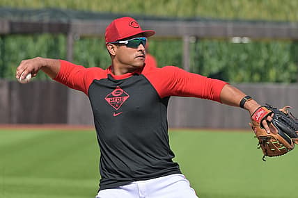 Aug 11, 2022; Dyersville, Iowa, USA; Cincinnati Reds designated hitter Donovan Solano (7) warms up before the game against the Chicago Cubs at Field of Dreams. Mandatory Credit: Jeffrey Becker-USA TODAY Sports