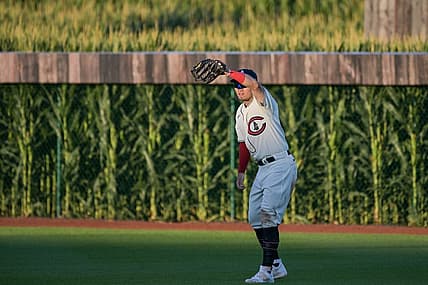 Aug 11, 2022; Dyersville, Iowa, USA; Chicago Cubs right fielder Seiya Suzuki (27) shields his eyes against the Cincinnati Reds during the third inning at Field of Dreams. Mandatory Credit: Jeffrey Becker-USA TODAY Sports