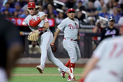 Aug 12, 2022; New York City, New York, USA; Philadelphia Phillies third baseman Alec Bohm (28) throws to first after fielding a ground ball by New York Mets right fielder Starling Marte (not pictured) with his bare hand during the sixth inning at Citi Field. Mandatory Credit: Brad Penner-USA TODAY Sports