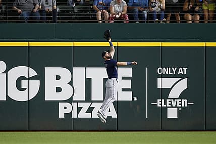 Aug 12, 2022; Arlington, Texas, USA; Seattle Mariners right fielder Mitch Haniger (17) catches a fly ball hit by Texas Rangers center fielder Leody Taveras (not pictured) in the second inning at Globe Life Field. Mandatory Credit: Tim Heitman-USA TODAY Sports