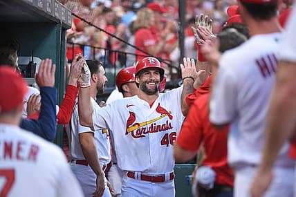 Aug 12, 2022; St. Louis, Missouri, USA; St. Louis Cardinals first baseman Paul Goldschmidt (46) is congratulated after hitting a two-run home run against the Milwaukee Brewers in the first inning at Busch Stadium. Mandatory Credit: Joe Puetz-USA TODAY Sports