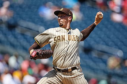 Aug 14, 2022; Washington, District of Columbia, USA; San Diego Padres starting pitcher Blake Snell (4) pitches against the Washington Nationals during the second inning at Nationals Park. Mandatory Credit: Scott Taetsch-USA TODAY Sports