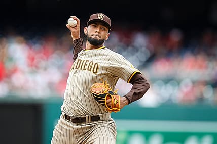 Aug 14, 2022; Washington, District of Columbia, USA; San Diego Padres relief pitcher Robert Suarez (75) pitches against the Washington Nationals during the ninth inning at Nationals Park. Mandatory Credit: Scott Taetsch-USA TODAY Sports