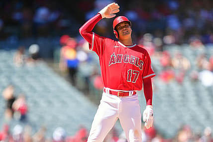 Aug 14, 2022; Anaheim, California, USA; Los Angeles Angels designated hitter Shohei Ohtani (17) reacts after being caught stealing second against the Minnesota Twins at Angel Stadium. Mandatory Credit: Gary A. Vasquez-USA TODAY Sports
