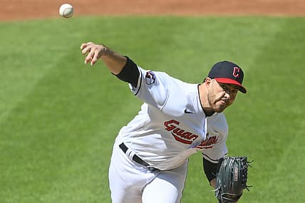 Aug 15, 2022; Cleveland, Ohio, USA; Cleveland Guardians starting pitcher Aaron Civale (43) delivers a pitch in the second inning against the Detroit Tigers at Progressive Field. Mandatory Credit: David Richard-USA TODAY Sports